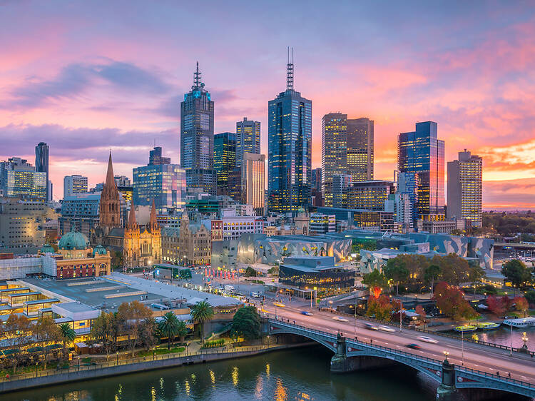 Melbourne CBD skyline at golden hour with the Yarra River