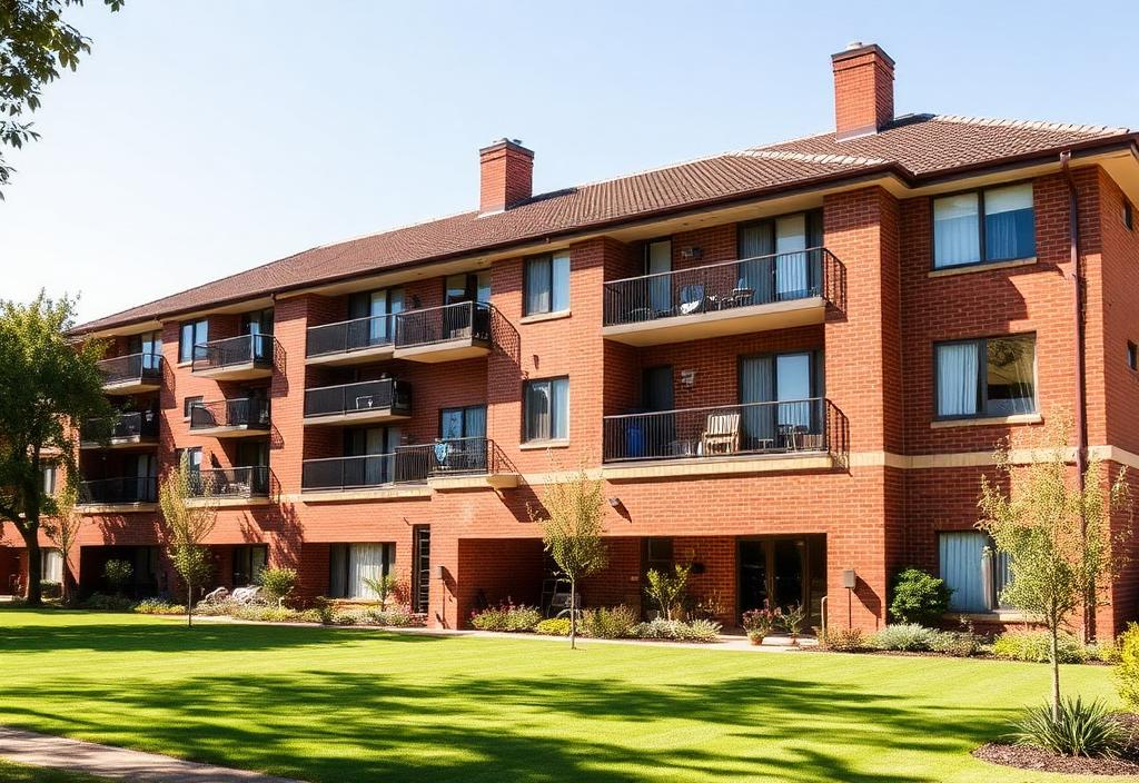 Brick residential college building with garden — Mannix College style